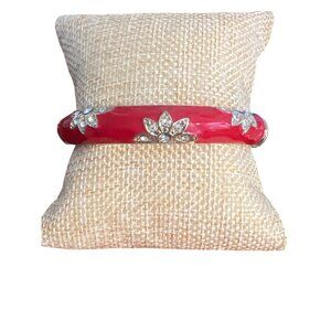 Vintage Gold Tone Red Enamel Clamper Bracelet Flowers Clear Rhinestones Estate